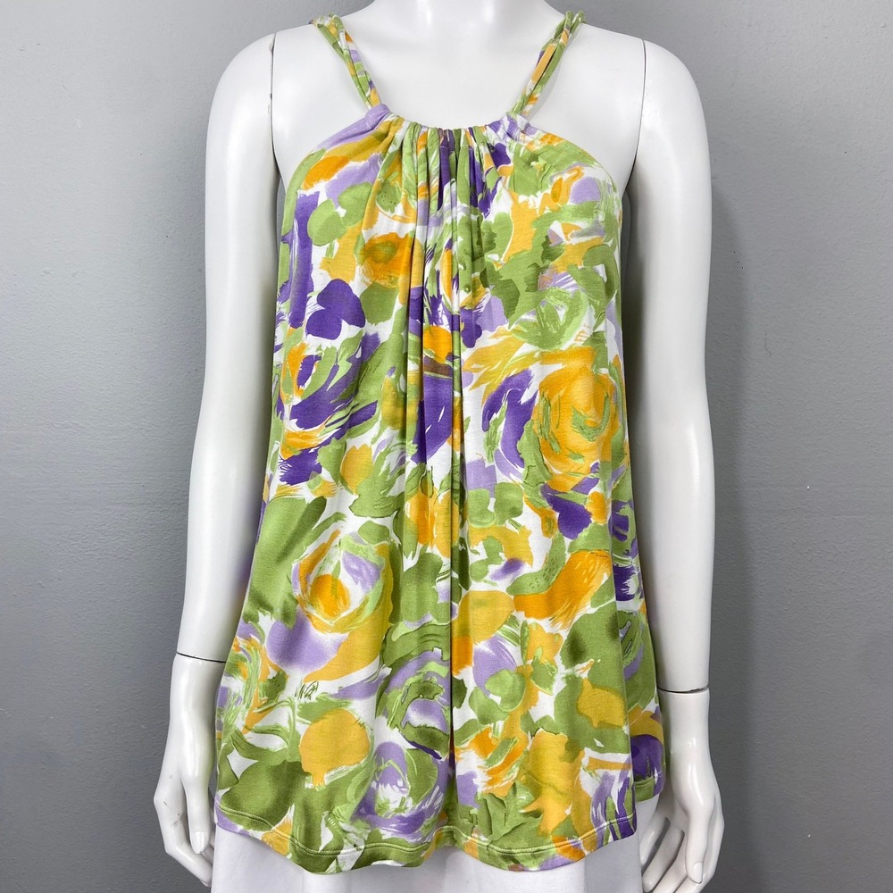 Velvet Floral Halter Top Women L Green Purple Yellow Watercolor Knit Blouse